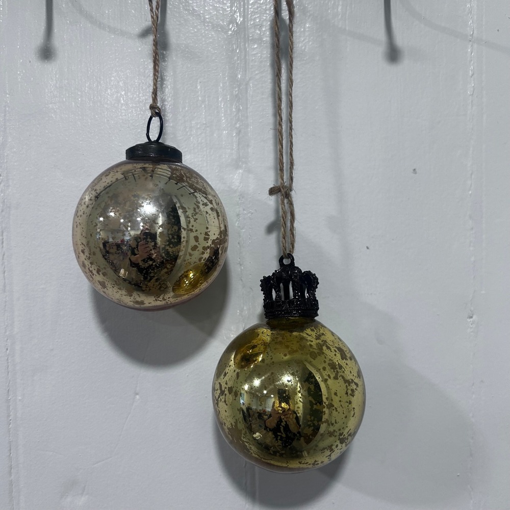 Vintage Mercury Glass Christmas Ornaments Gold Silver Crown Distressed Set of 2